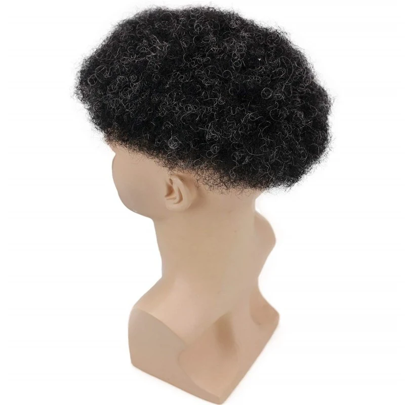 French Lace 8X 10 Afro Curly Brazilian Human Hair Replacement Hairpiece 1B Off Black Color Mixed 10% Grey Hair Toupee For Men