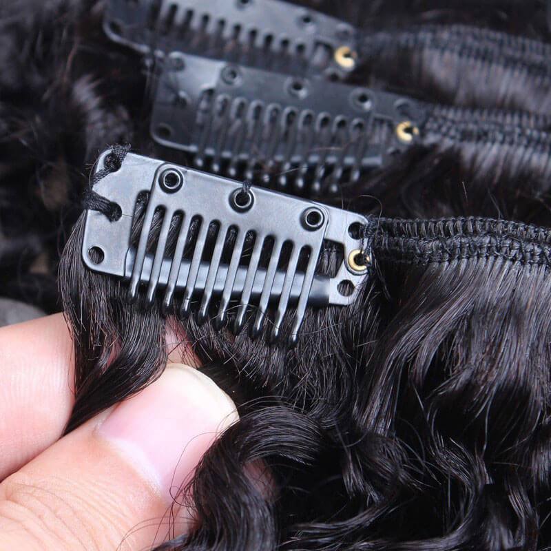 Kinky Curly Weave Clip In Human Hair Extension Natural Color Full Head