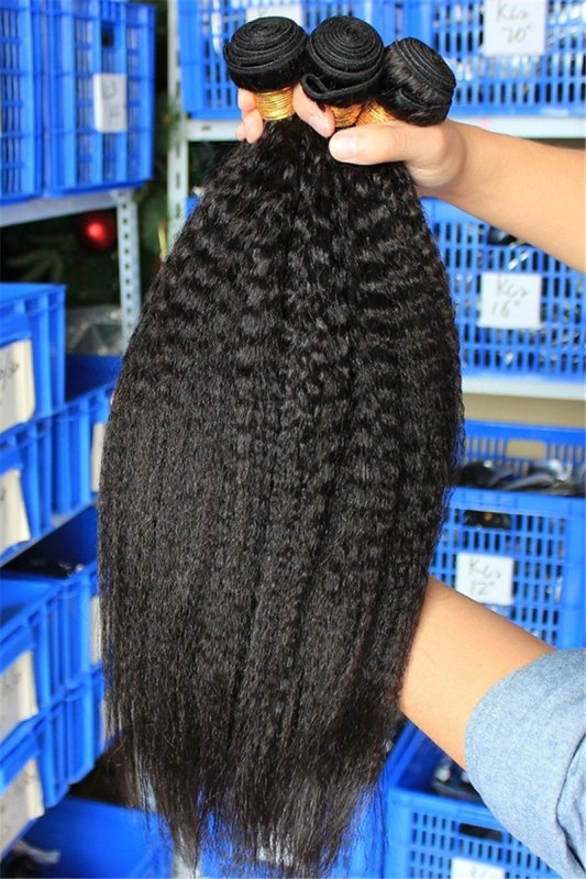 Natural Color Peruvian Remy Human Hair Kinky Straight Hair Weave 3 Bundles