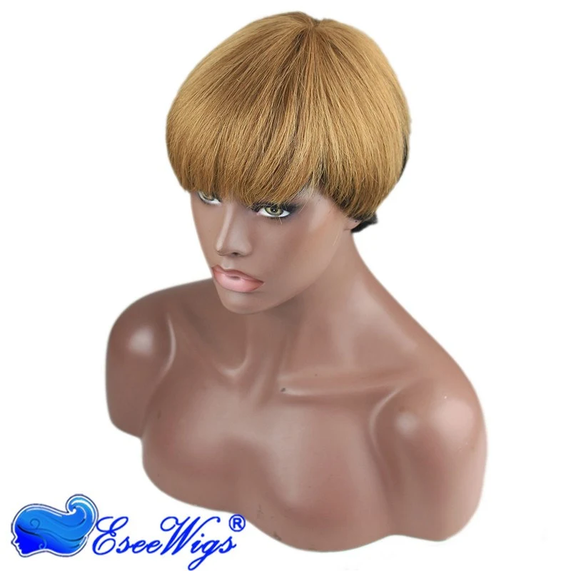 Brazilian Human Hair Silk Straight Gluess Short Wigs Two Tone Golden Brown Black Color for Black Women