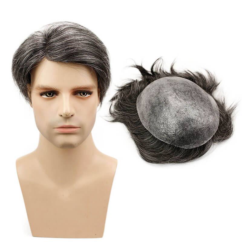 Thin Skin Straight Hair Replacement Brazilian Remy Human Hair Mix 20% Grey Synthetic Hair Toupee for Men 10x8