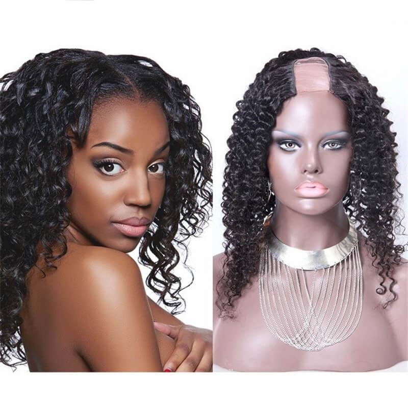 Custom U Part Wigs Kinky Curly Peruvian Virgin Human Hair 8-24 in stock