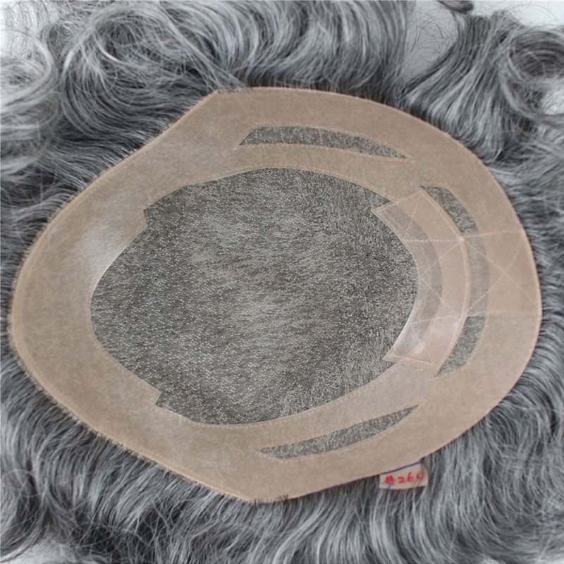 Men's Toupee 10×8 inch Human Hair 2# Mix 60% Grey Hair Thin Skin Hairpiece Hair Replacement System Monofilament Net Base for Men