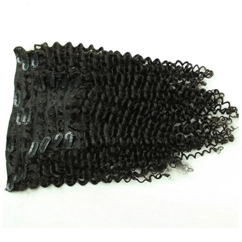 Kinky Curly Brazilian Virgin Hair Clip In Human Hair Extensions Natural Color