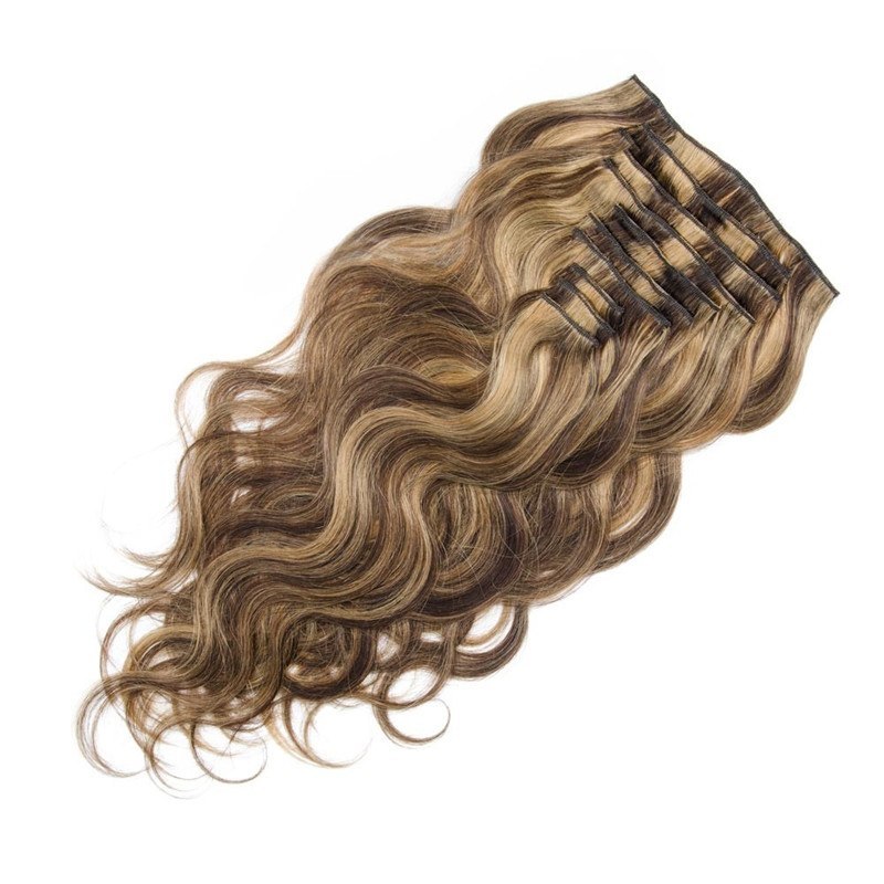 Blonde 160g 10pcs Clip in Real Human Hair Extension Body Wave Highlight Color