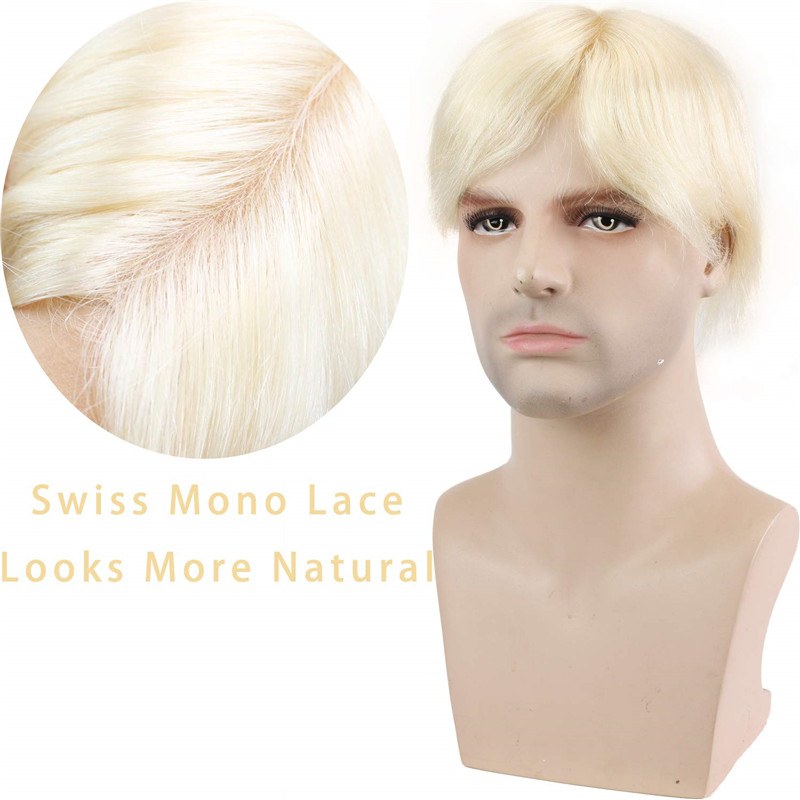 #613 Blonde Color Hairpiece Swiss lace Mono Base with Thin Skin For Men Medium Density Toupee