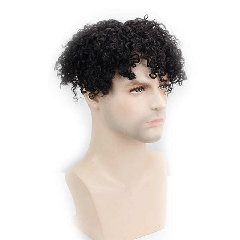 100% Human Hair Curly Natural Black Hair Replacement System Full Lace 9X7 Toupee For Men