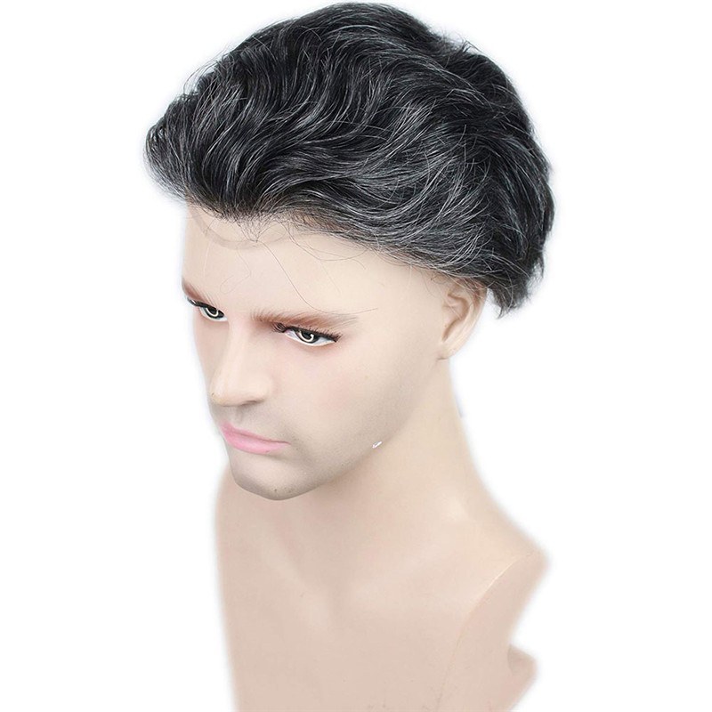 Men's Wigs Human Virgin  Hair Full Lace With Soft Thin Skin Replacement for men 8X10  80% #1B Mixed 20% Grey Hair