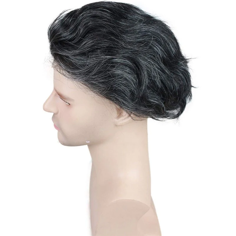 Best Toupee 100% Human Hair Super Swiss Lace European Virgin Hair Hairpiece Replacement System for men  80% #1B Color Mixed 20% Grey Hair(10'x8')