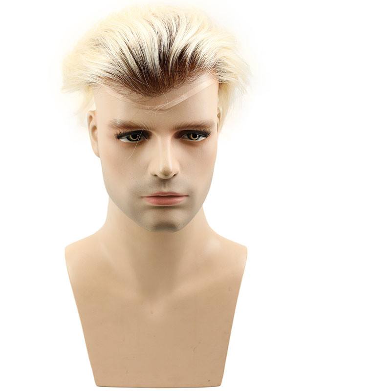 Brown Roots 60# Platinum Blonde Ombre Color Human Hair Mens Toupee for Sale Light Blonde Hairpiece 10x8