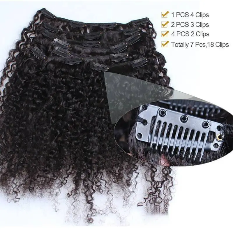 Kinky Curly Weave Clip In Human Hair Extension Natural Color Full Head