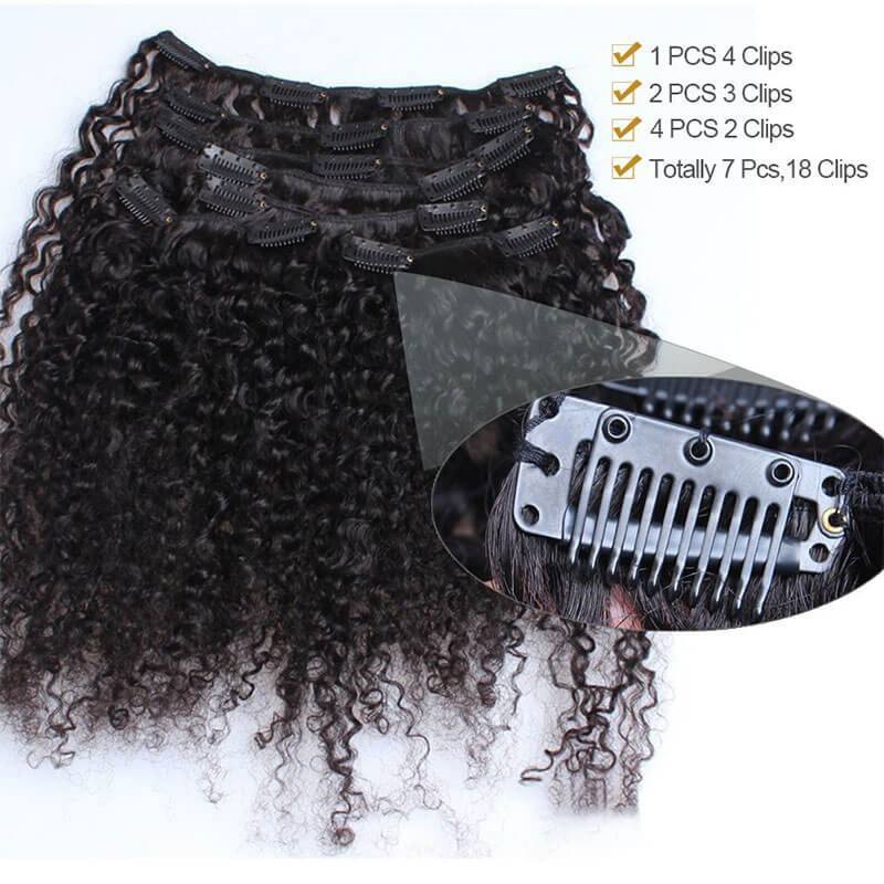 Kinky Curly Weave Clip In Human Hair Extension Natural Color Full Head