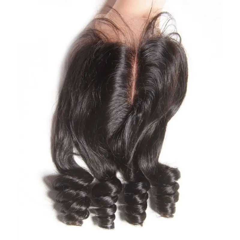 Peruvian Bouncy Curly Lace Closure Unprocessed Aunty Fumy Hair Closure With Baby Hair Free Middle Part 4*4 Inch