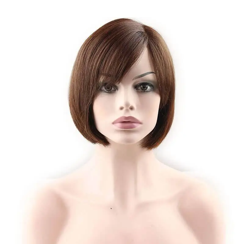 Glueless Short Bob with Side Bangs Mono Lace Net Brazilian Virgin Human Hair Wigs for Black Women Brown Color 10 inch