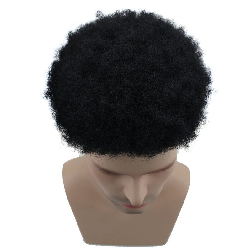 Human Hair Afro Curly Mens Toupee Hairpiece Wig Base with Hard PU Reforced Color #1