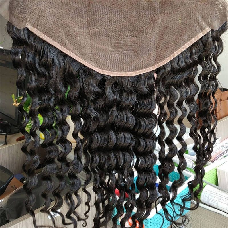 150% Density 13X6 Ear To Ear Lace Frontal Closure Human Hair Brazilian Virgin Hair  Deep Wave Nautral Color Bleached Knots