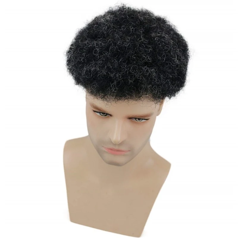 French Lace 8X 10 Afro Curly Brazilian Human Hair Replacement Hairpiece 1B Off Black Color Mixed 10% Grey Hair Toupee For Men