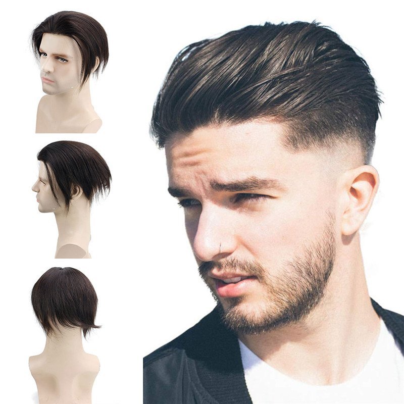 Human Hair Toupee Men's Unit Short Wigs for Men Lace With PU Around Hair Replacement for Men Color Off Black #1B