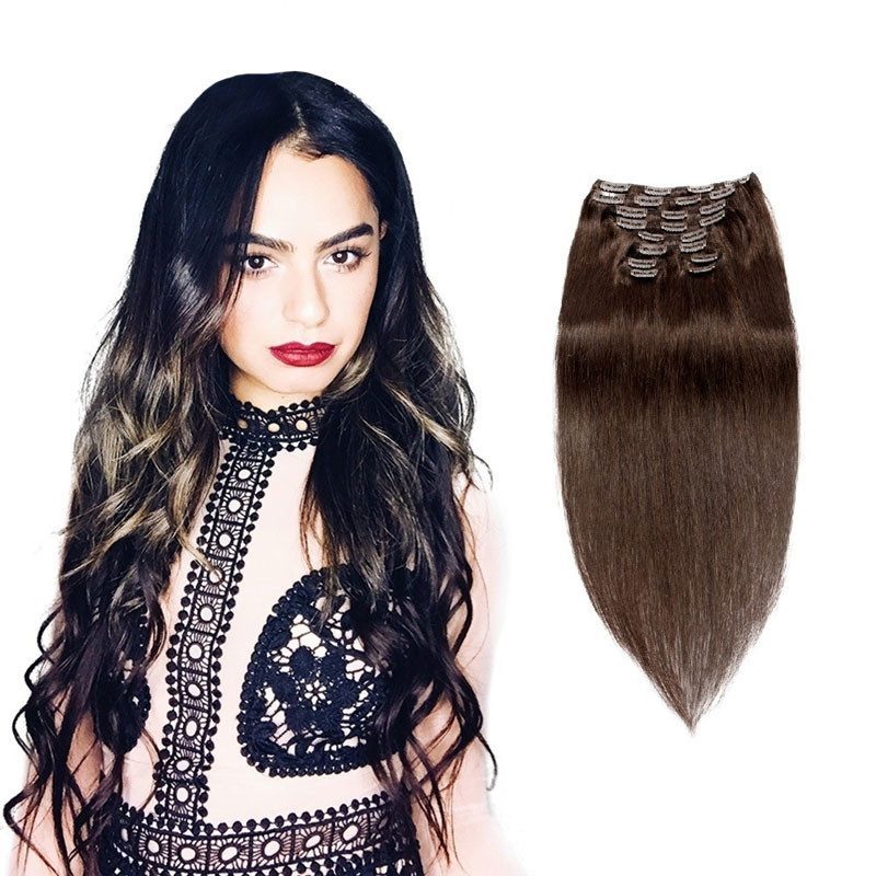 120g 10pcs Black Clip In Hair Extensions Silky Straight Brown Color Brazilian Human Hair