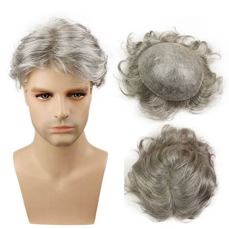 Grey Men`s Toupee Hairpiece Whole PU Base Brazilian Remy Human Hair 1b# Mix 80% Grey Hair Natural Straight 10*8