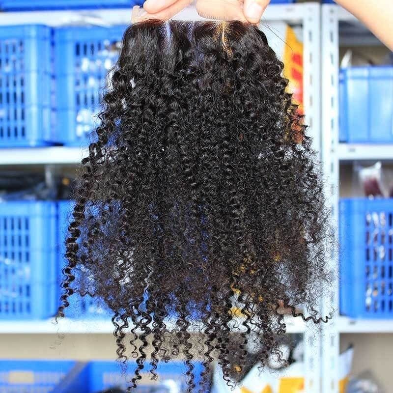 European Real Human Hair Afro Kinky Curly Free Part 4x4 Lace Closure