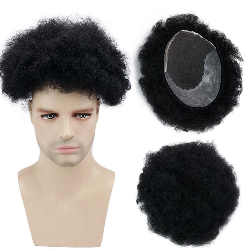 Afro Kinky Curly Human Hair Toupee For Men Black Color 10X8 Inch