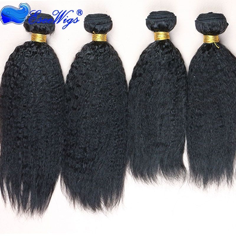 Kinky Straight Human Hair 4x4 Lace Closure Straight With 3 Bundles Peruvian Virgin Hair