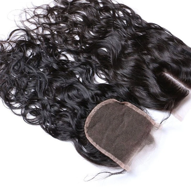8A Wet and Wavy Closure Lace Closure Virgin Brazilian Human Hair Bleached Knots Free MIddle 3 Part 4*4 120% density natural color