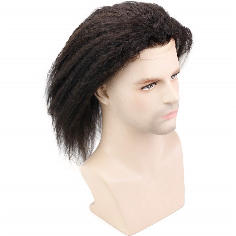 12" Long Kinky Straight Human Hair Replacement for Men Stock Toupee Mono Lace and PU Around with Swiss Lace Front 10"x8" Base Size Natural Black Bolor