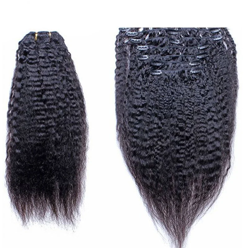 Clip In Human Hair Extensions Kinky Straight Mongolian Virgin Hair Natural Color