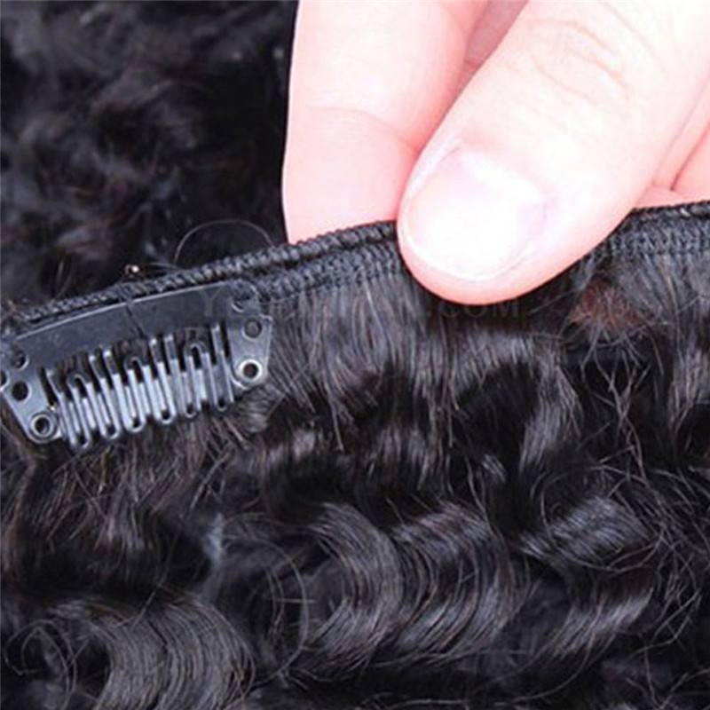 Clip In Hair Extensions  Kinky Curly Indian Remy Human Hair Natural Color