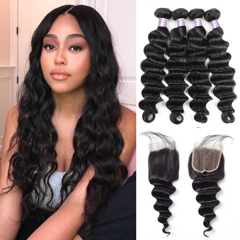 Eseewigs Brazilian Loose Deep Wave Hair 4 Bundles With 4*4 Closure