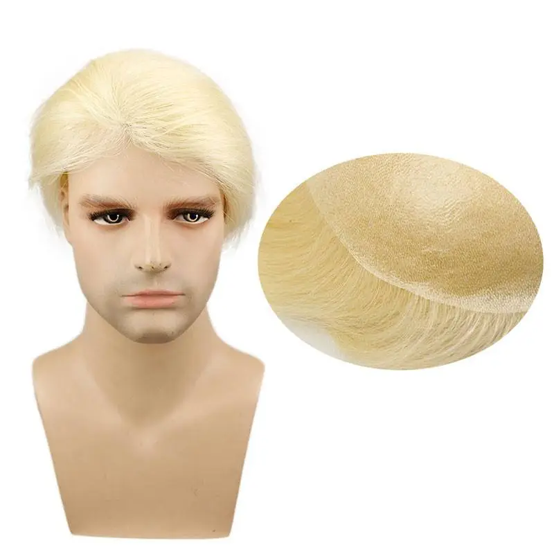 613# Blonde Men`s Toupee 6 inch Hairpiece Whole PU Base Brazilian Remy Human Hair Natural Straight 10*8