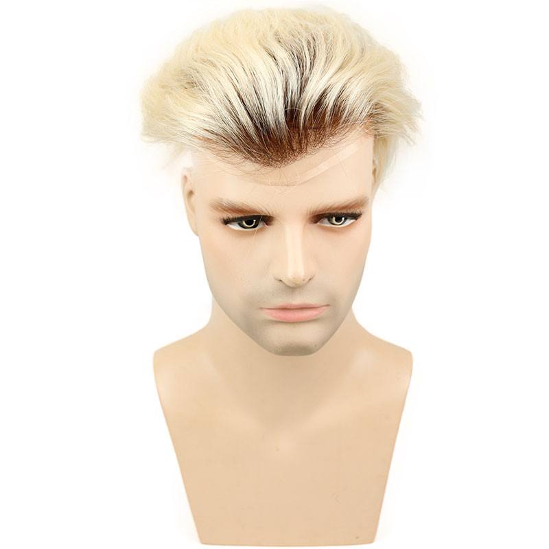 Brown Roots 60# Platinum Blonde Ombre Color Human Hair Mens Toupee for Sale Light Blonde Hairpiece 10x8