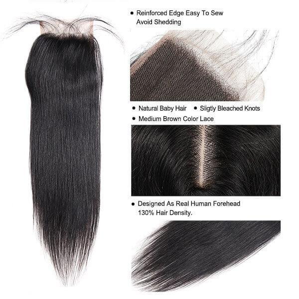Natural Color Brazilian Hair Silk Straight Three Part 4x4 Lace Closure
