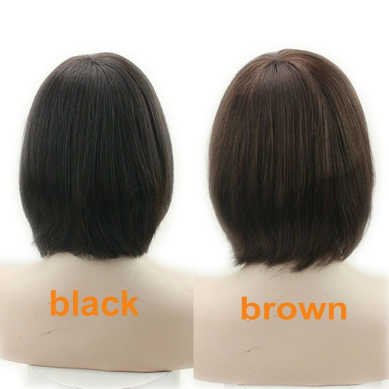 Short Black and Brown Bob Wig with Bang Real Human Hair for Women