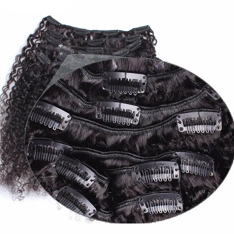 Kinky Curly Weave Clip In Human Hair Extension Natural Color Full Head