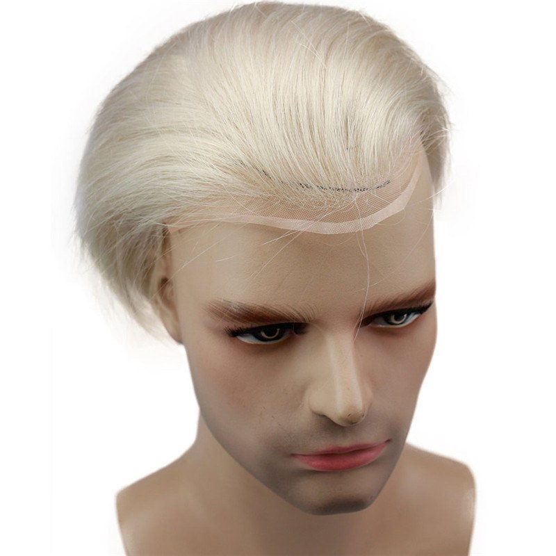 100% European Virgin Men's Toupee Replacement System For Thinning Hair On Top,#60 Platinum Blonde Color 8X10