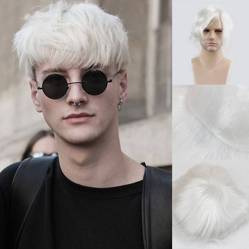 Fashion Super Thin Skin 100% Human Hair Pure White Color 8X10 Toupee For Men