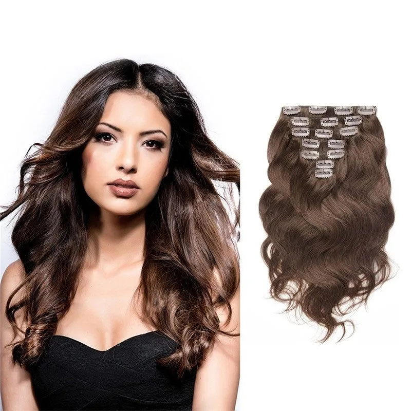 Natural Black 70g 7pcs Clip in Hair Extension Body Wave 4# Dark Brown