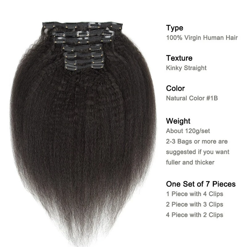 Human Hair Afron Kinky Straight Hair Clip In Hair Extensions Natural Color