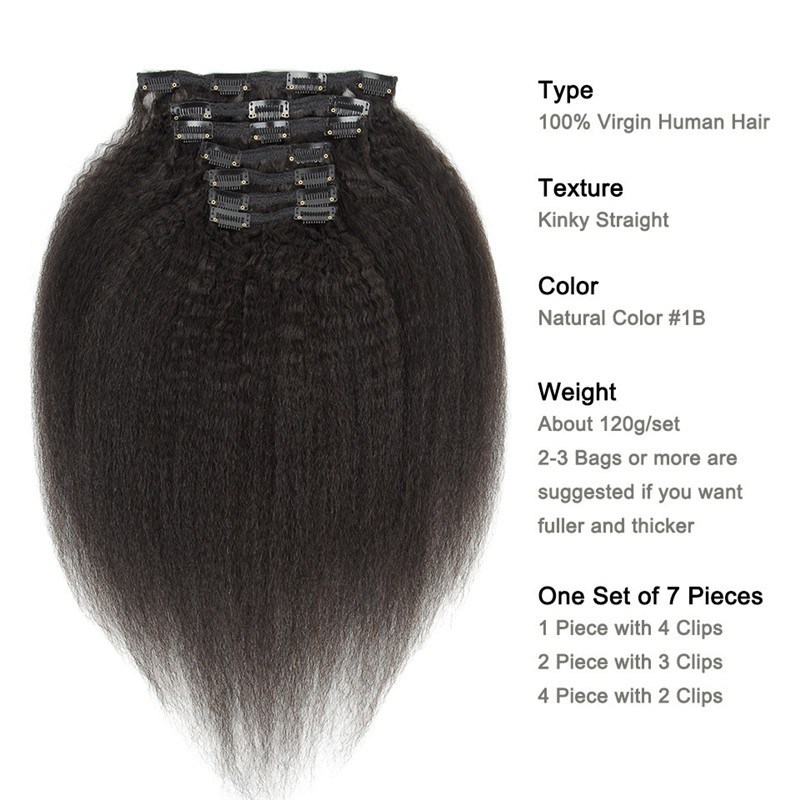 Human Hair Afron Kinky Straight Hair Clip In Hair Extensions Natural Color