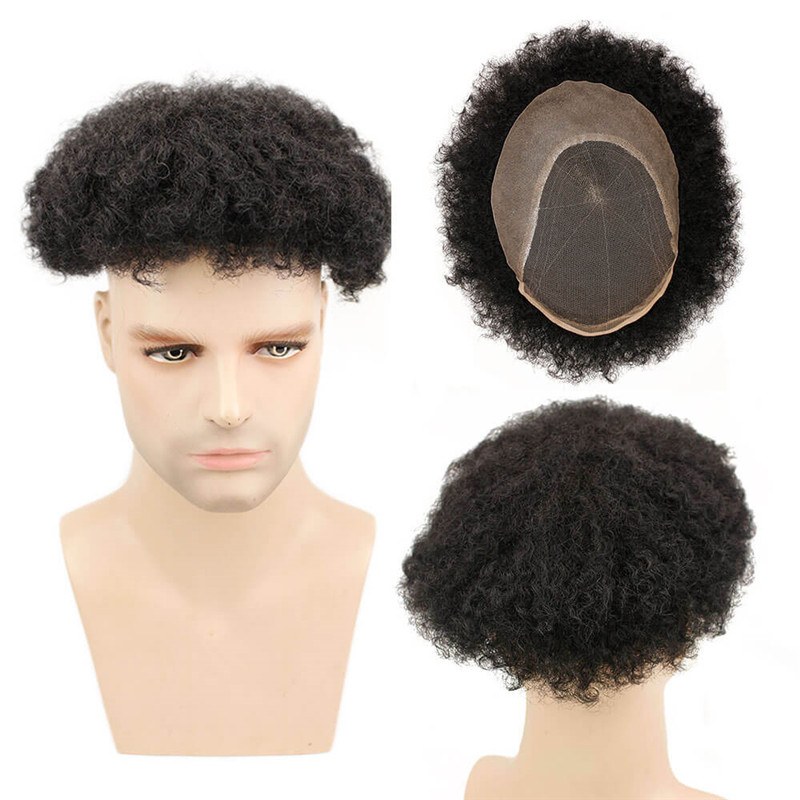 Afro Kinky Curly Human Hair Durable Hairpieces Replacement System For Men Brazilian Remy Human Hair Lace & PU 10*8 1B#