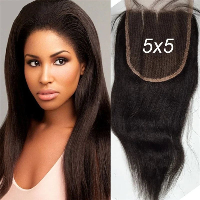 5x5 Light Yaki Straight Lace Closure Real Virgin Malaysian Human Hair Free Part 120 Density Natural Color