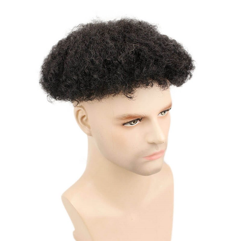Afro Kinky Curly Human Hair Durable Hairpieces Replacement System For Men Brazilian Remy Human Hair Lace & PU 10*8 1B#