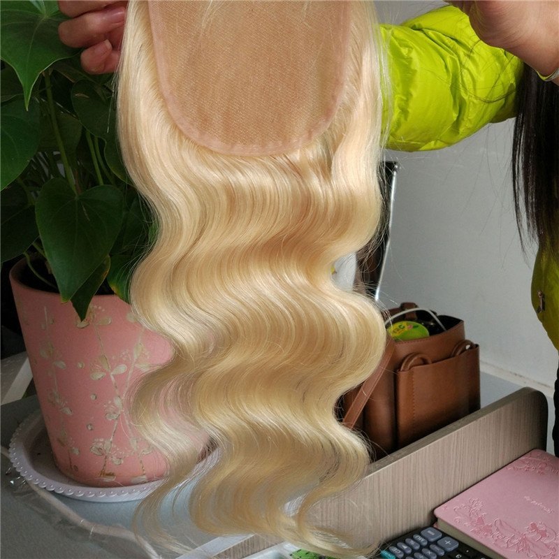 Blonde Lace Closure 613# Bleached Knots Free/Middle/3 Part Unprocessed Virgin Brazilian Remy Blonde Hair Stock 4x4 inch