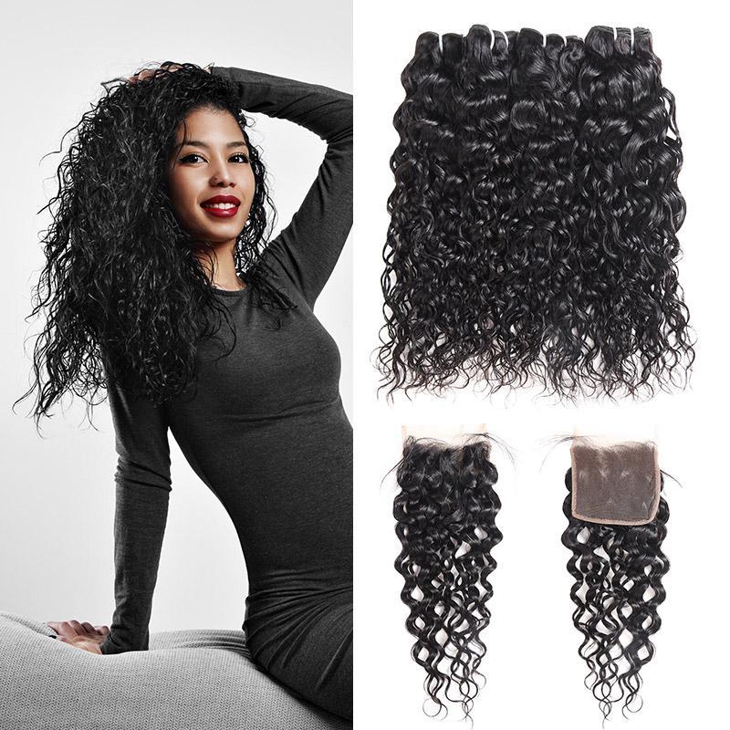 Brazilian Water Wave 4 Bundles with 4*4 Lace Closure Virgin Hair