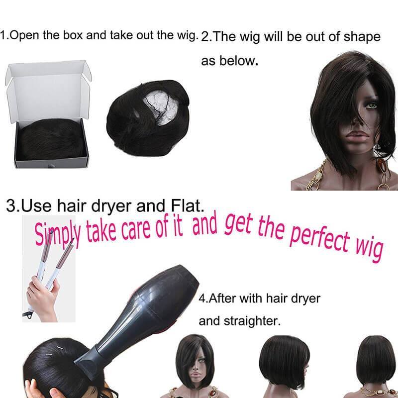 Glueless Short Bob with Side Bangs Mono Lace Net Brazilian Virgin Human Hair Wigs for Black Women Brown Color 10 inch