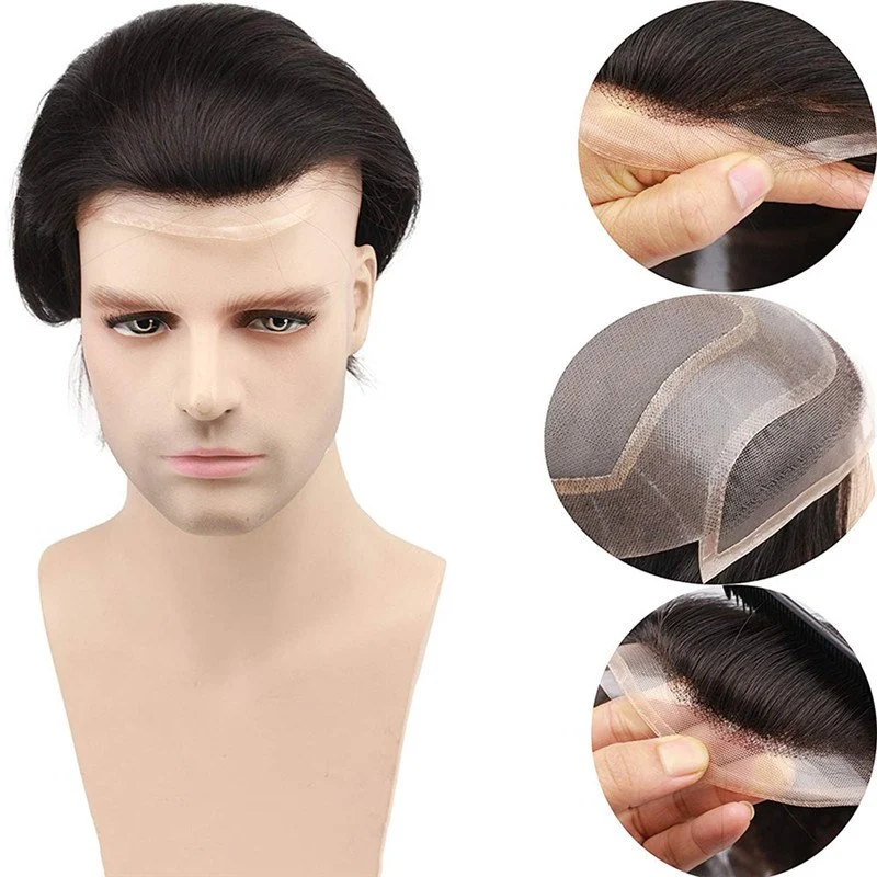 Men Hairpiece Real French Lace European Virgin Human Hair Replacement Toupee for Men Thin Skin 1B# Black Color