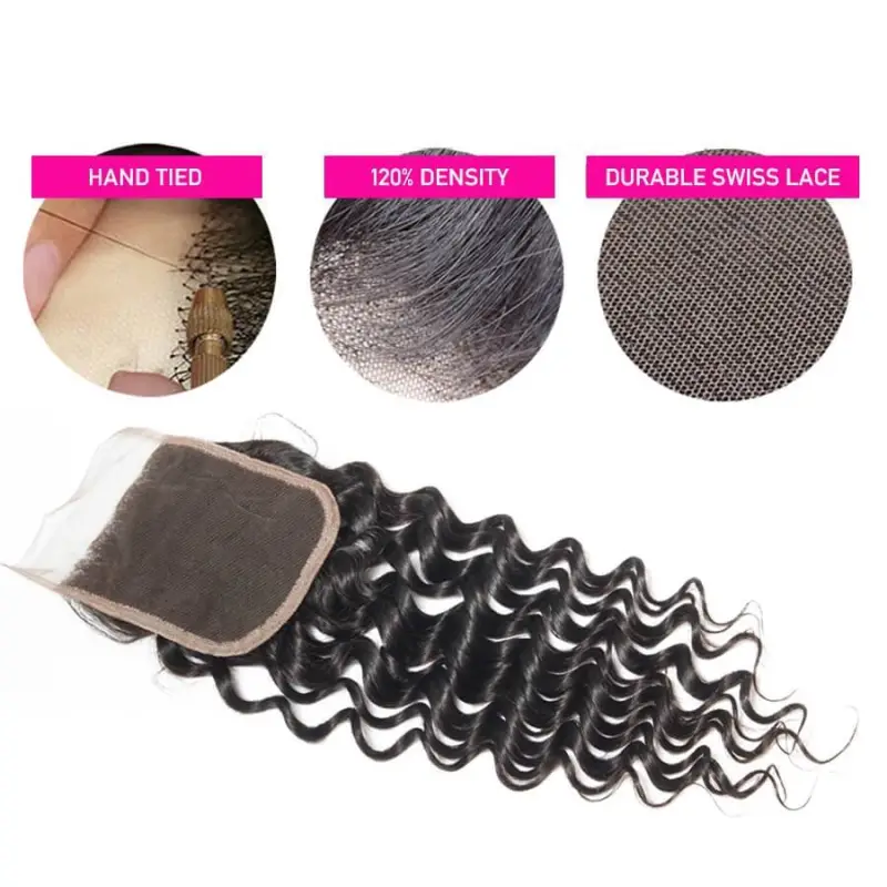 8A Unprocessed Peruvian Deep Wave Lace Closure 4*4 Natural Black Free Middle 3 Part Closures With Baby Hair